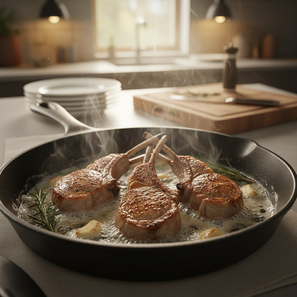 Pan-fried garlic lamb chops with browned crust in a cast iron skillet