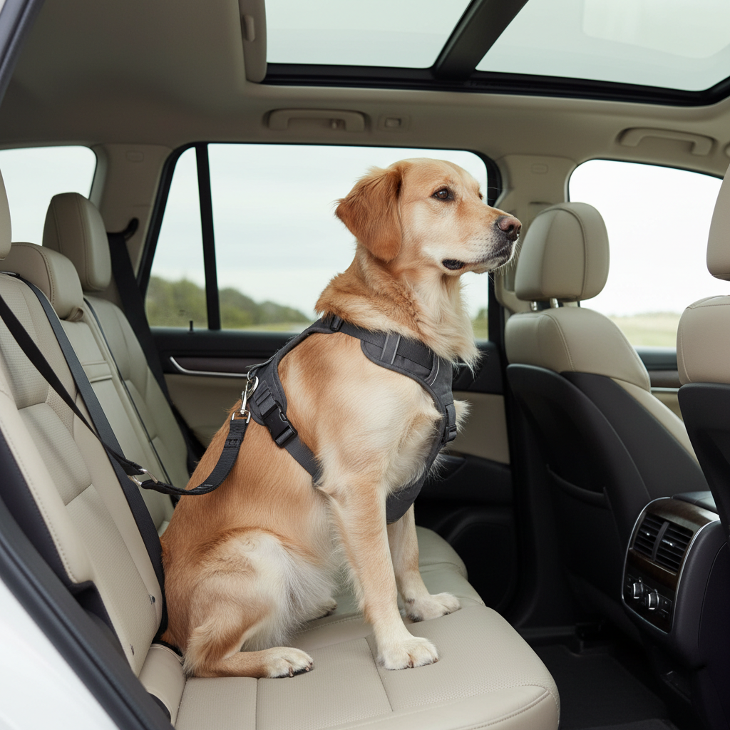 Dog wearing an adjustable car seat belt harness in the back seat