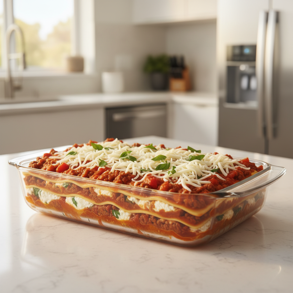 Lasagna assembled in a baking dish with visible layers before baking