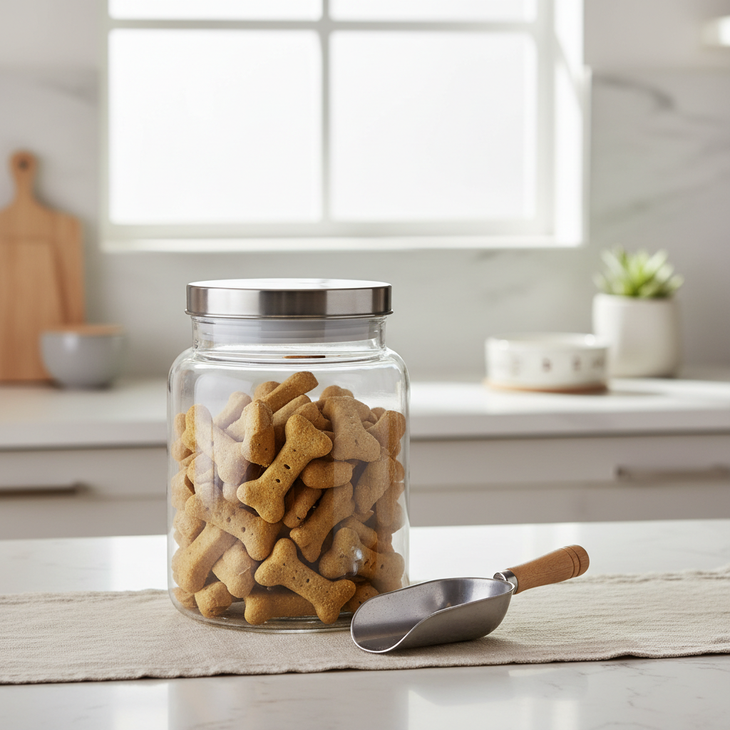 Airtight dog treat jar on kitchen counter with silicone gasket lid