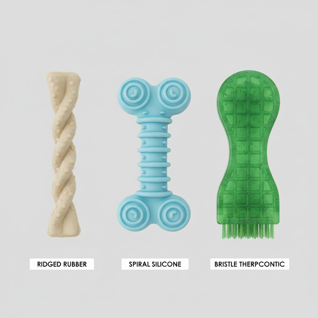 Side-by-side comparison of different teething stick textures and thickness for puppies