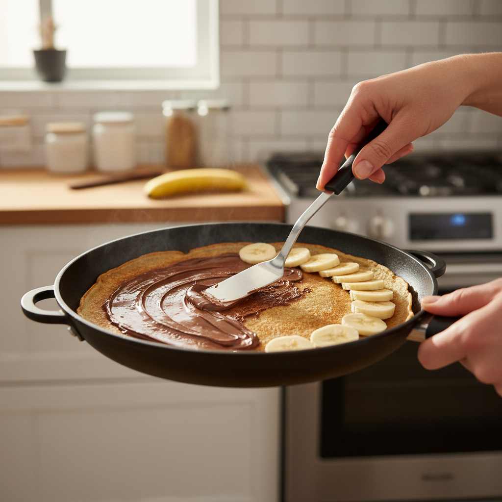 Sweet crepes being filled with Nutella and sliced bananas in a skillet