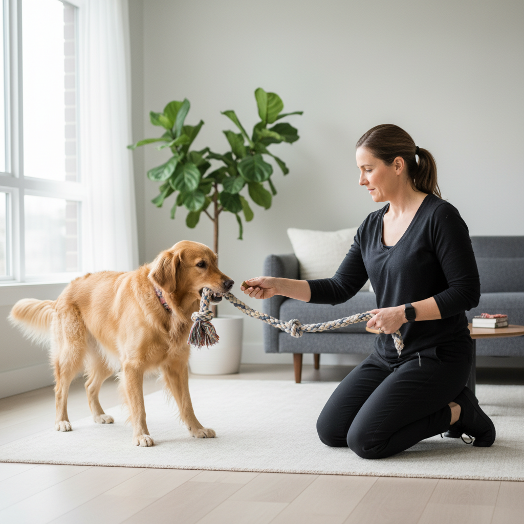 Dog handler practicing drop it cue during tug training indoors