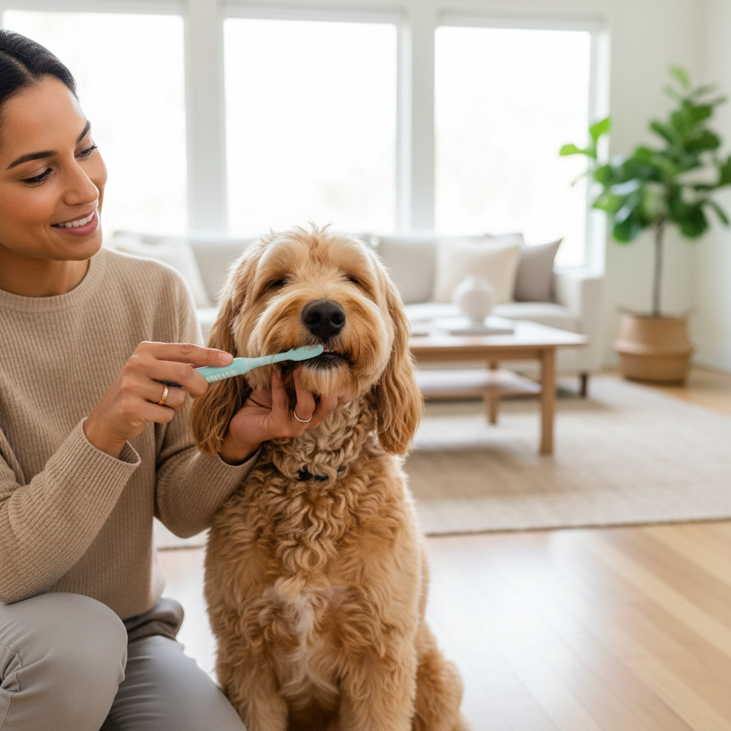 Owner gently brushing dog teeth focusing on outer gumline