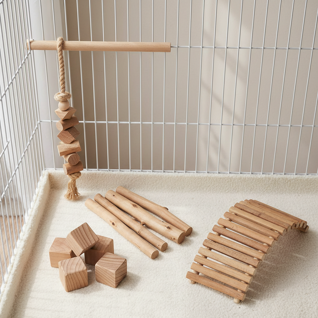 Small pet wooden chew toy set variety pieces in a tidy cage setup