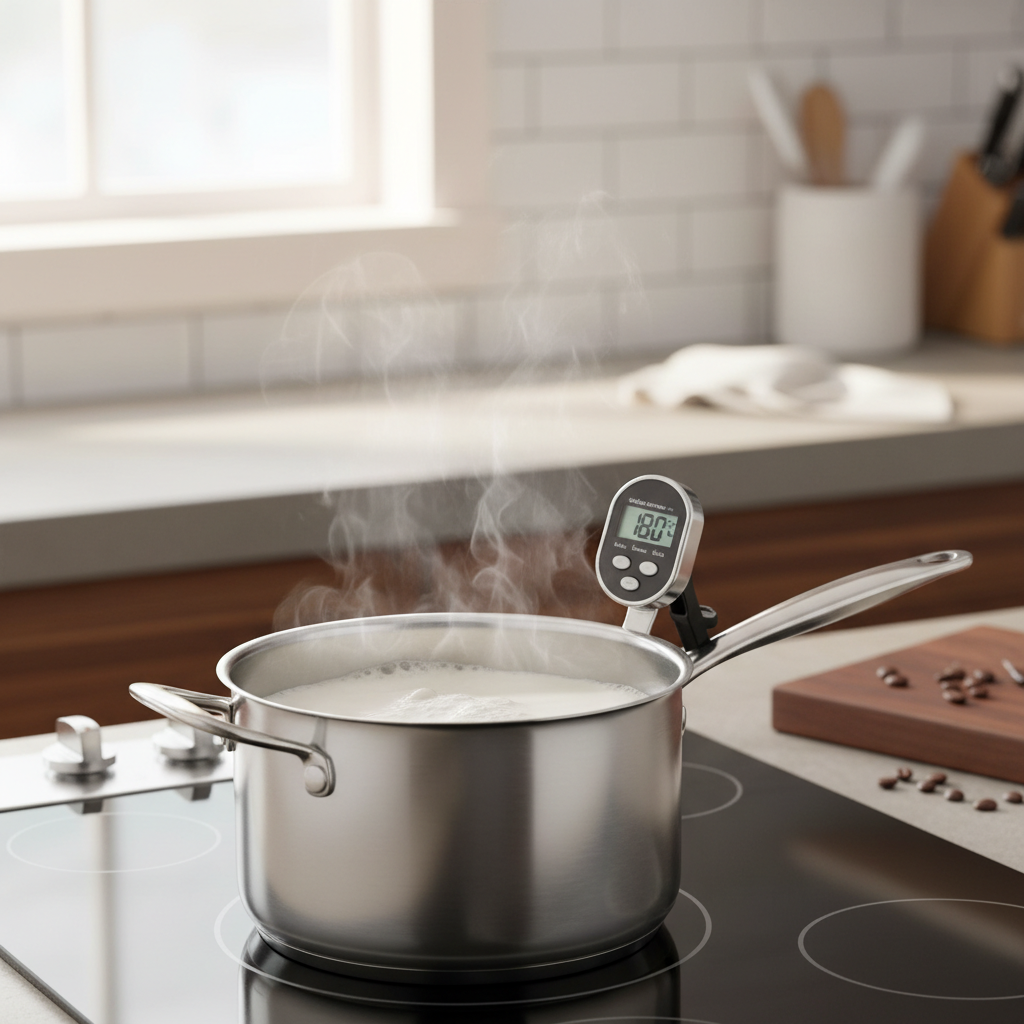 Milk being heated to 180F for homemade yogurt with thermometer in pot