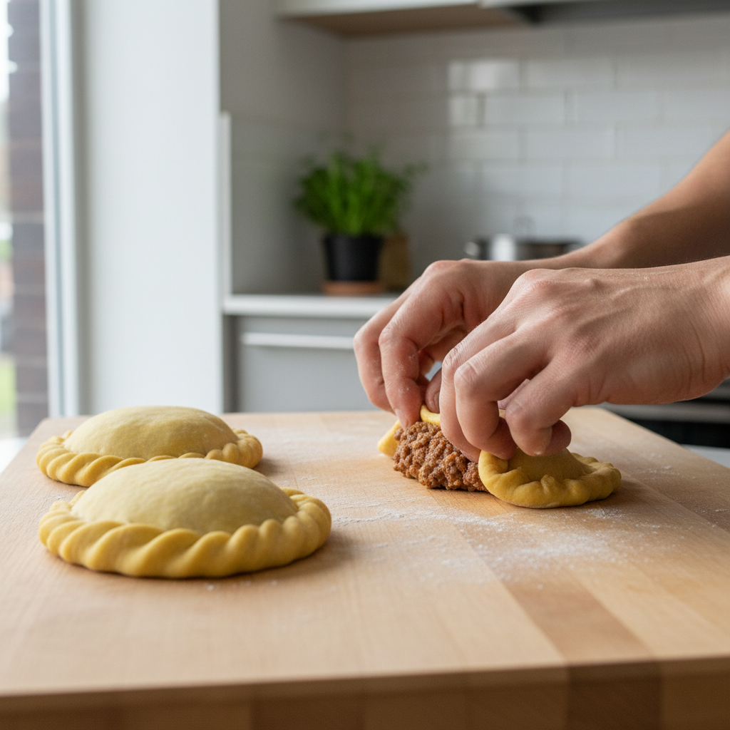 Hands folding and crimping empanada dough edges on a kitchen counter