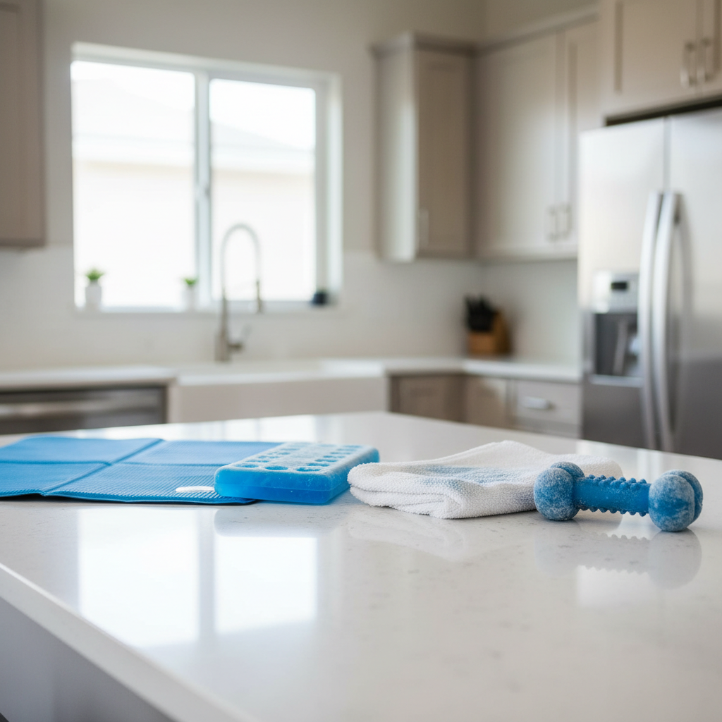 Comparison of pet cooling pads and chew-safe chilled options on a clean countertop