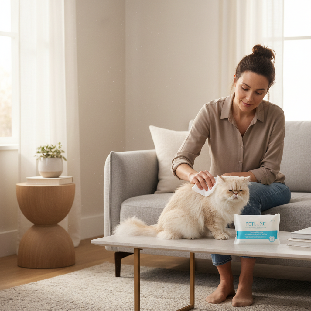Pet owner using a no-rinse hypoallergenic wipe on a long-haired cat with gentle technique