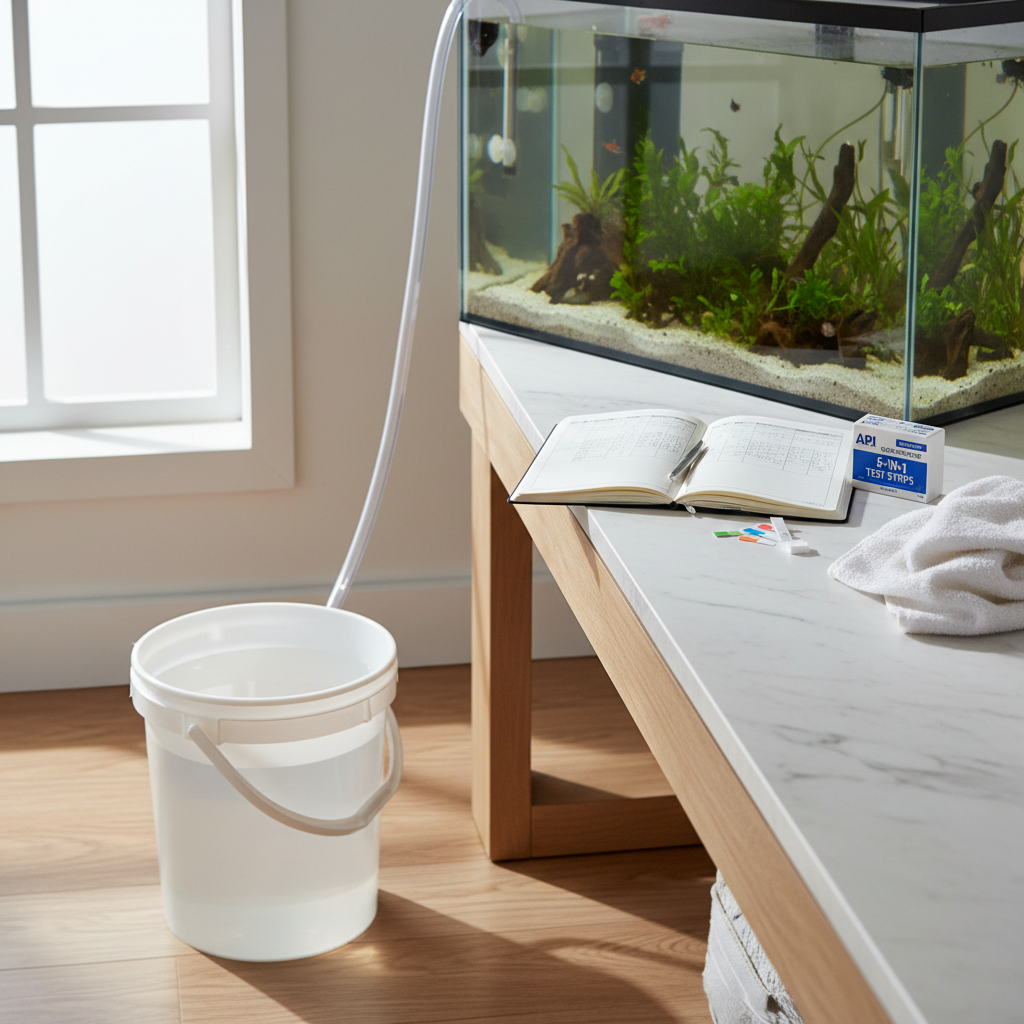 Freshwater aquarium maintenance routine with water change and test strip log for water quality
