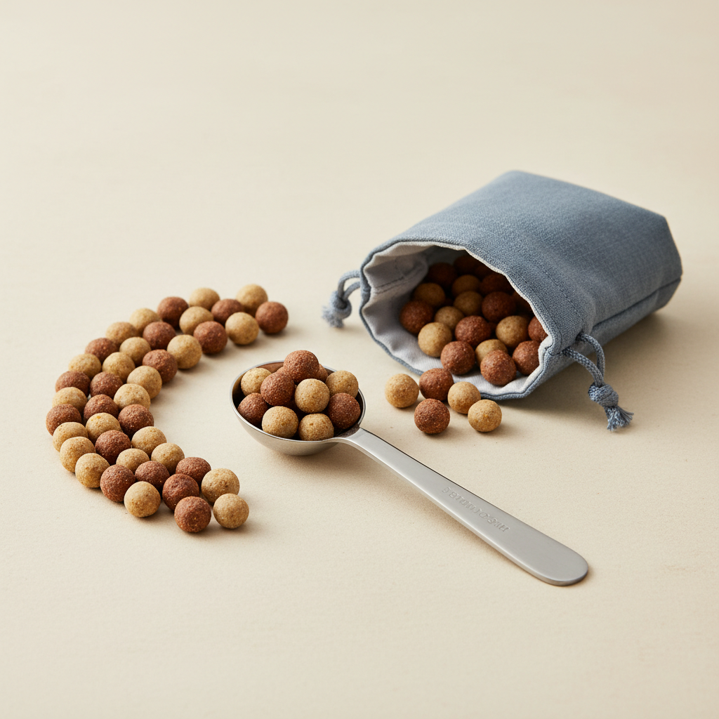 Pea-sized training treat portions next to a measuring spoon for dog training sessions