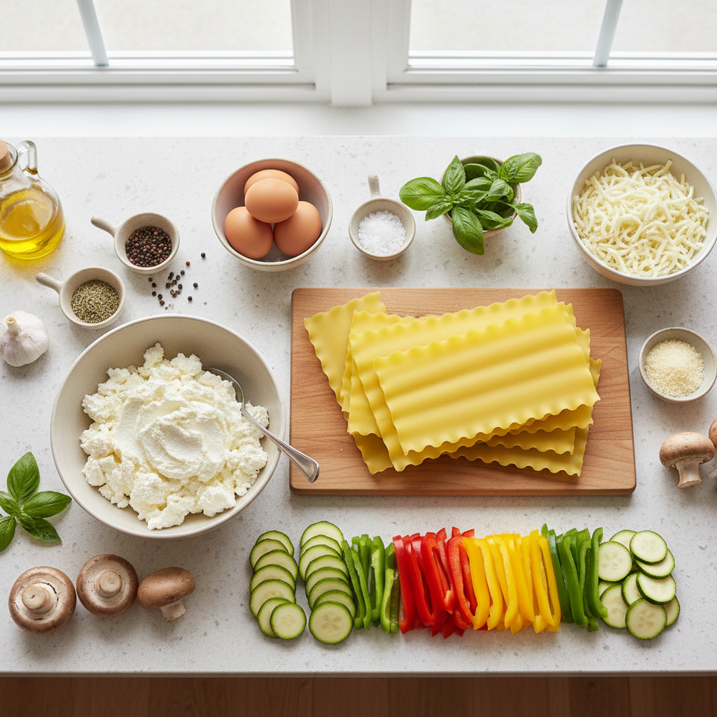 Overhead view of cheese options for vegetable lasagna including ricotta mozzarella and parmesan