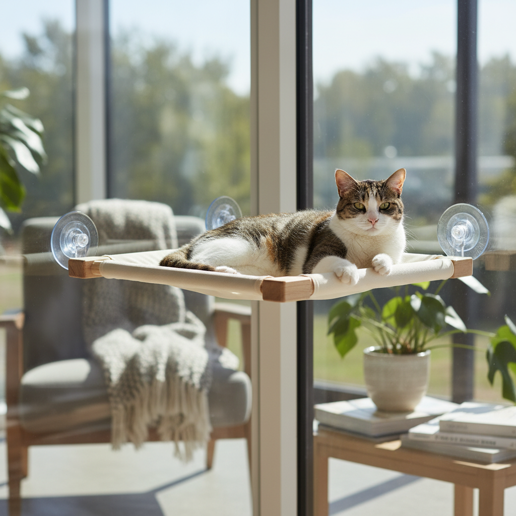 Cat resting on a window perch attached with suction cups on a clean glass window
