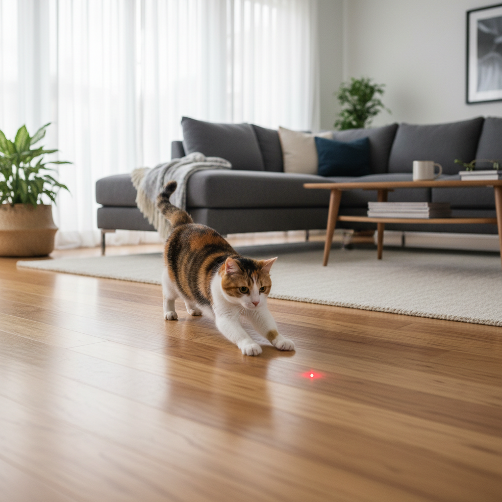 Cat chasing a laser dot during indoor interactive play session