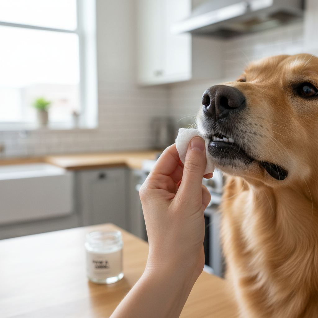 Pet dental wipe used to clean a dog toothline at home