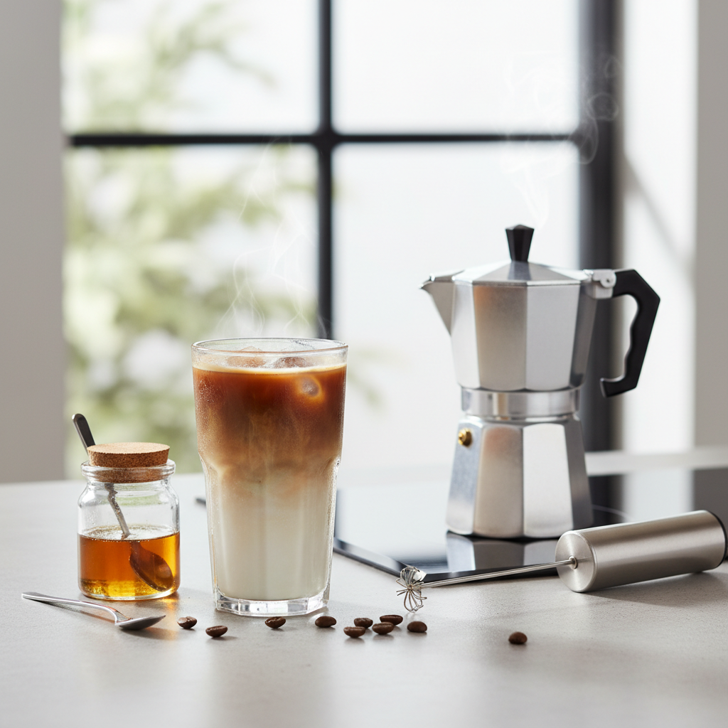 Simple homemade coffee drink setup on a kitchen counter