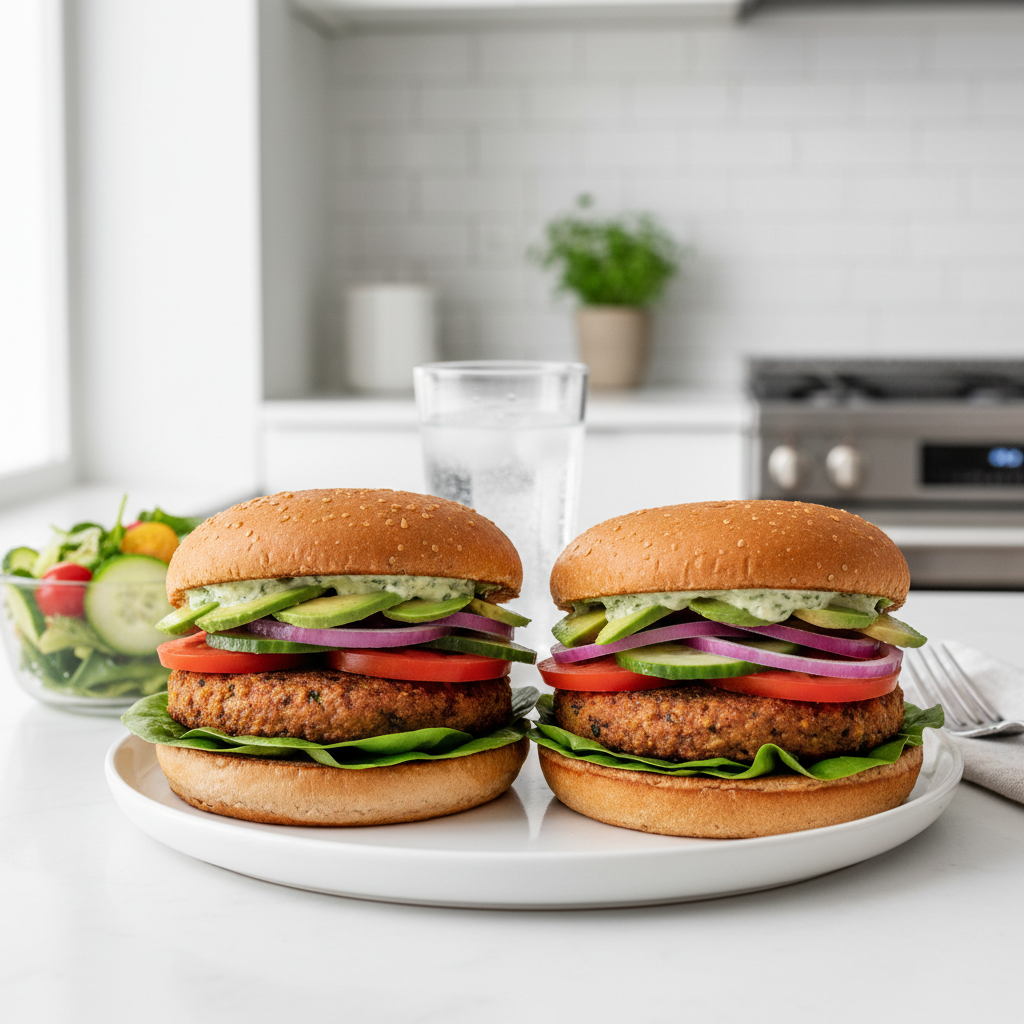 Plated homemade veggie burgers with colorful toppings