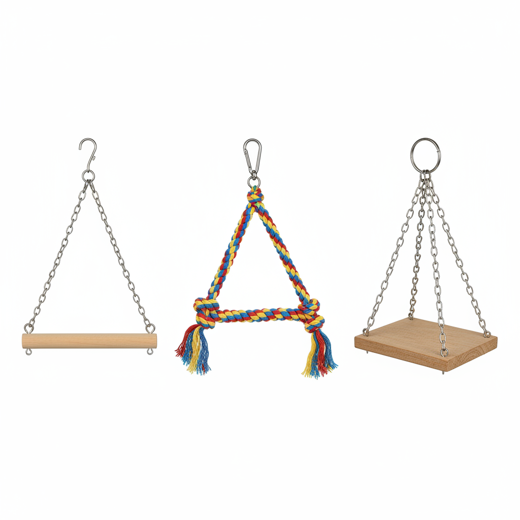 Comparison of small bird swing perch diameters and hanging styles for parakeets and small parrots