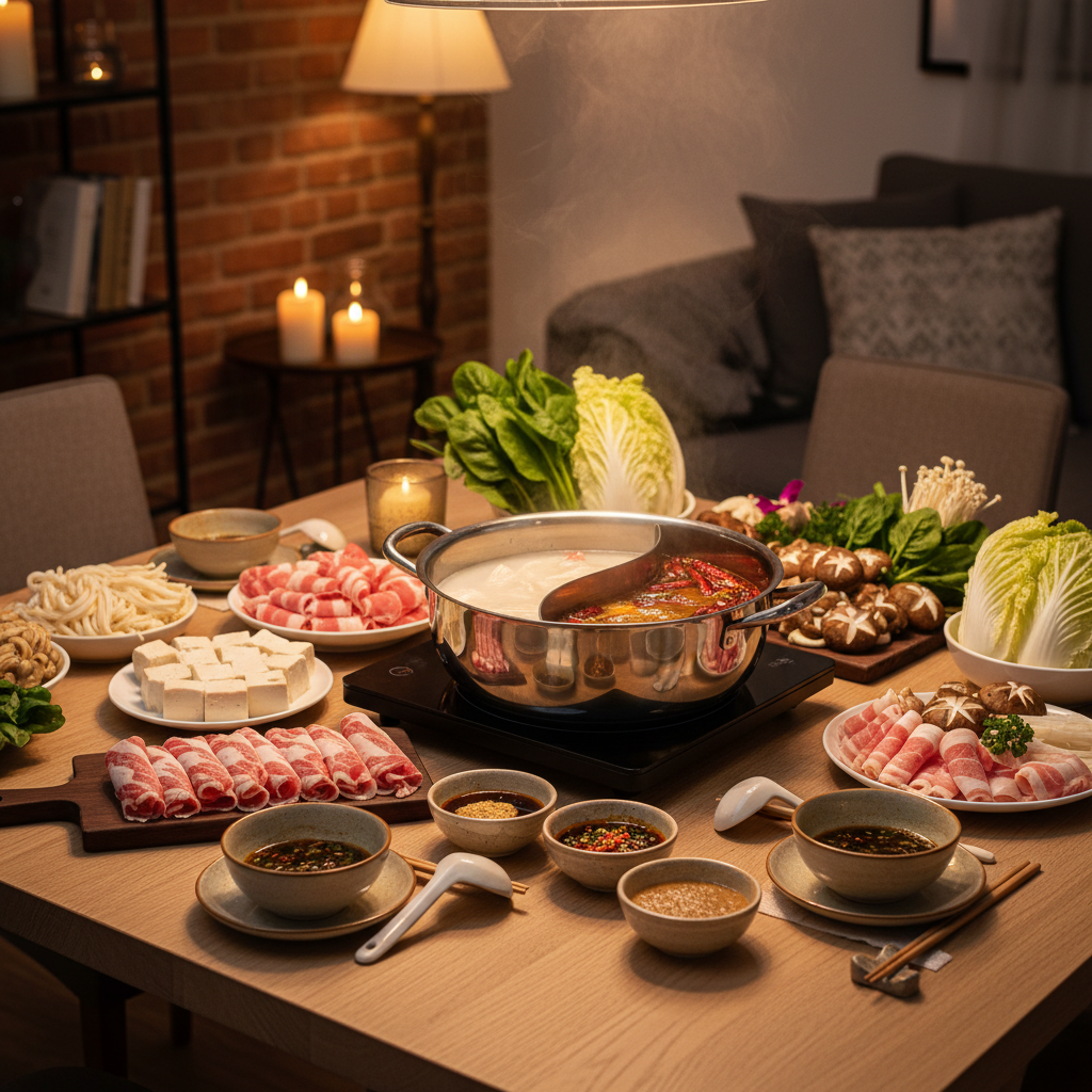 Hot pot gathering table setup with broth pot, dipping sauces, and ingredient platters