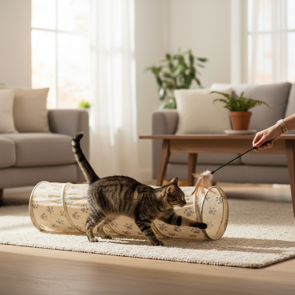 Cat playing chase game with wand toy around a crinkle tunnel