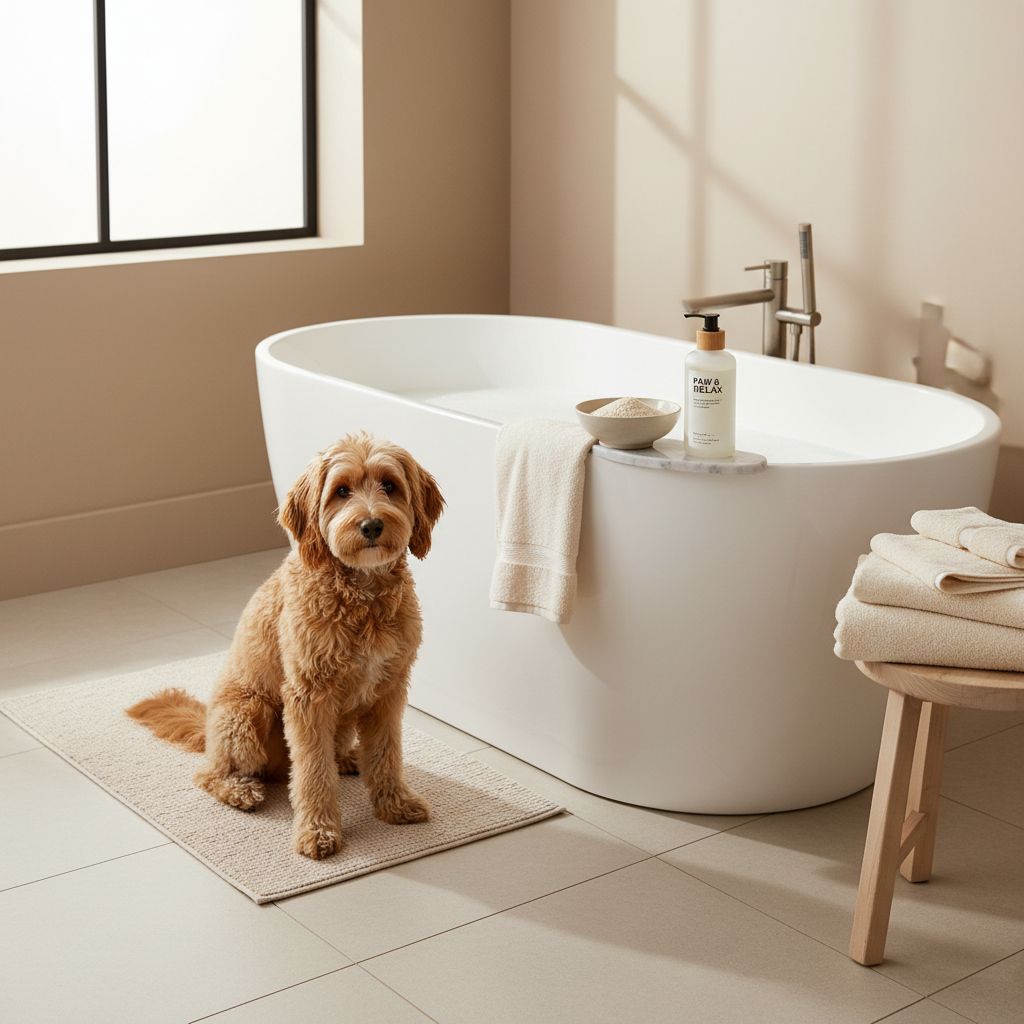 Oatmeal bath setup for soothing an itchy dog with towels and gentle pet shampoo