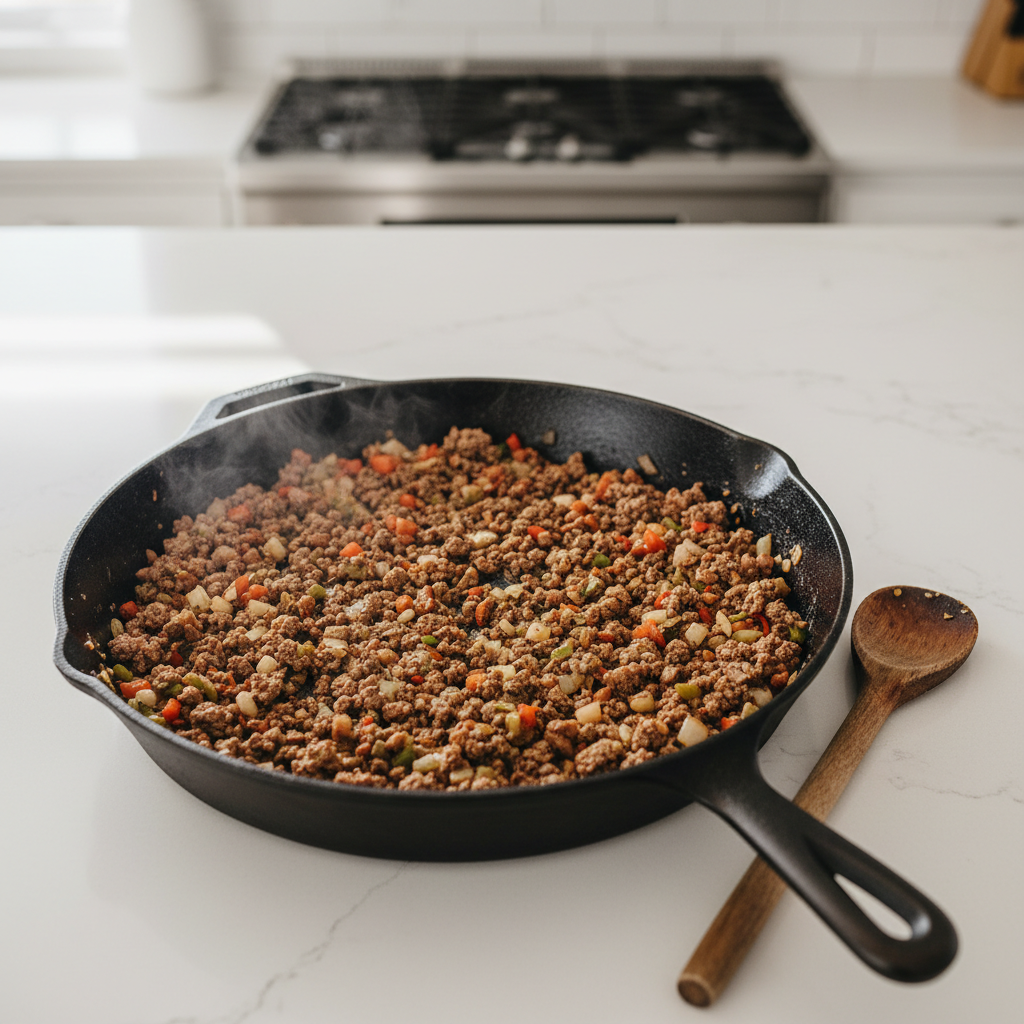 Beef empanada filling cooling in a skillet with onions and spices