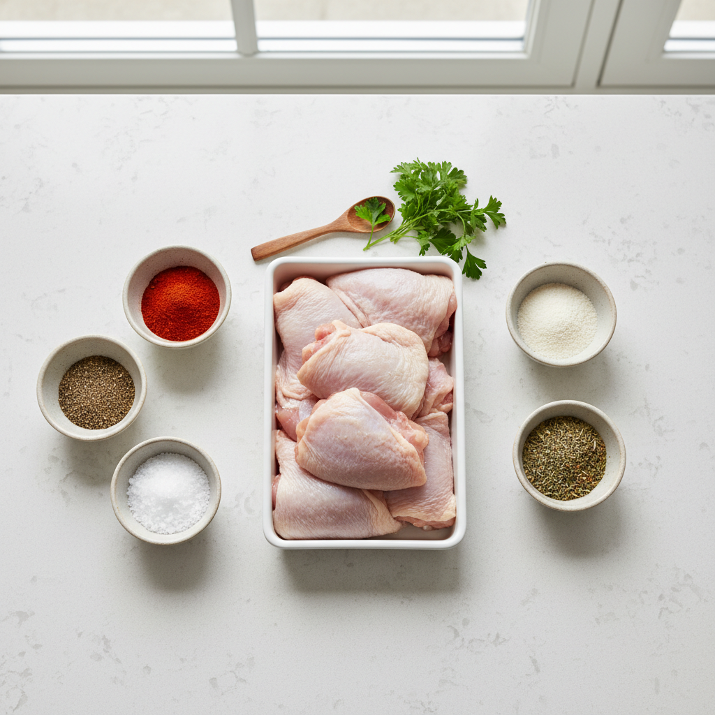 Seasoning options for baked chicken thighs in small bowls on a counter