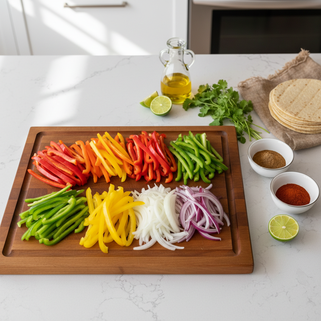 Chicken fajita ingredients laid out: sliced peppers, onions, spices, tortillas, lime