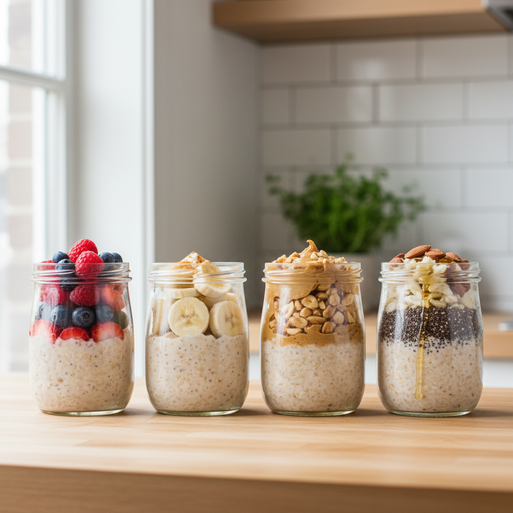 Overnight oats jars lined up for meal prep with different toppings
