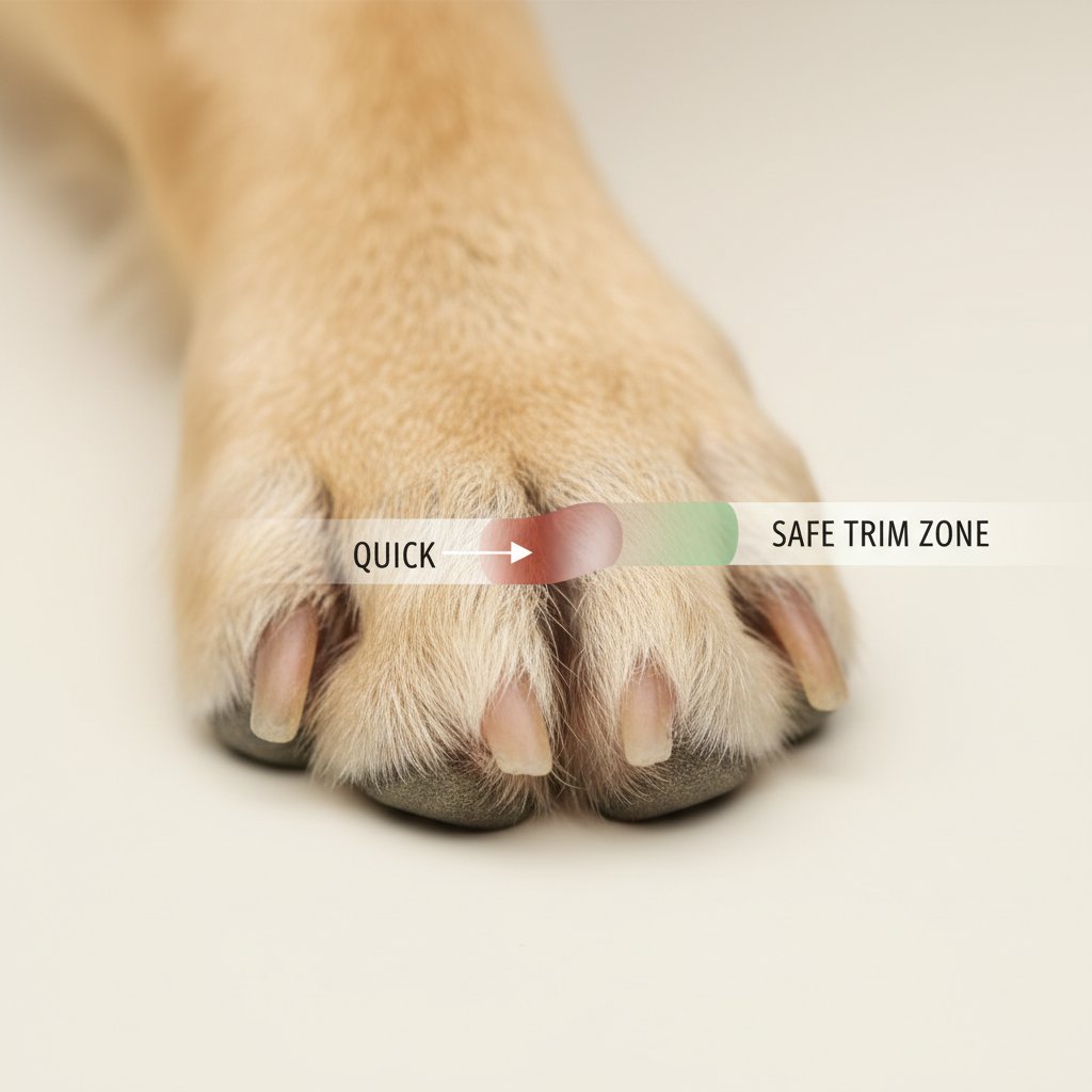 Close-up of dog paw showing nail quick anatomy and safe trimming zone
