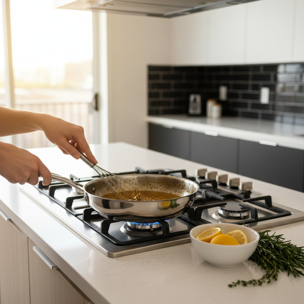 Home cook whisking a quick pan sauce in a skillet
