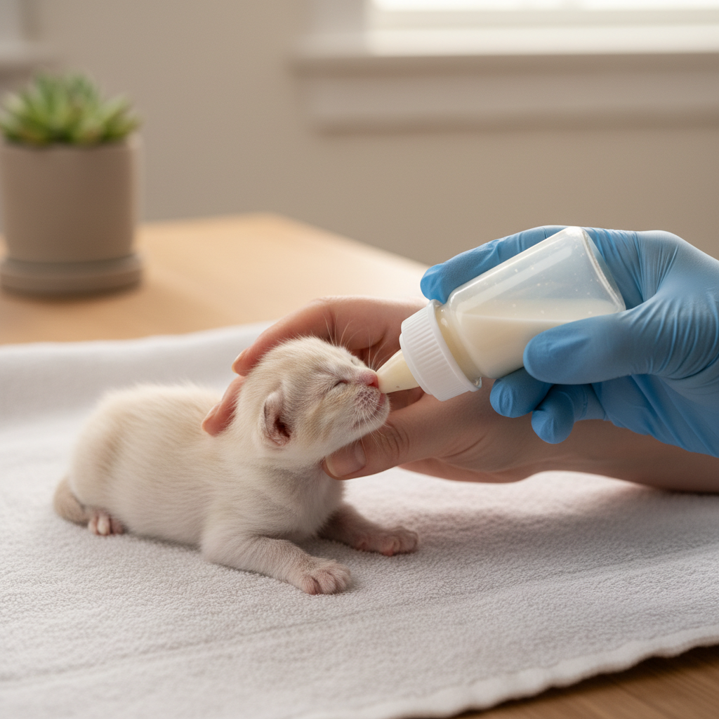 Bottle-feeding position for a newborn kitten with belly-down posture