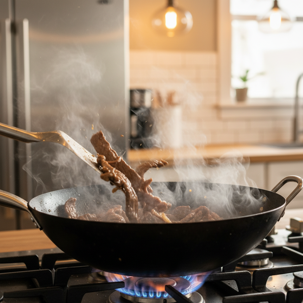 Hot wok searing beef strips for a quick beef stir fry