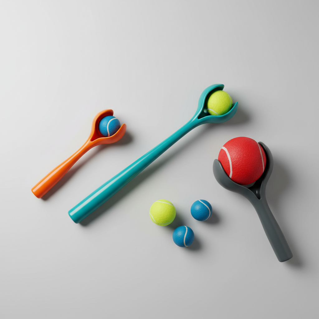 Close-up of dog ball launcher sizes and balls for fetch