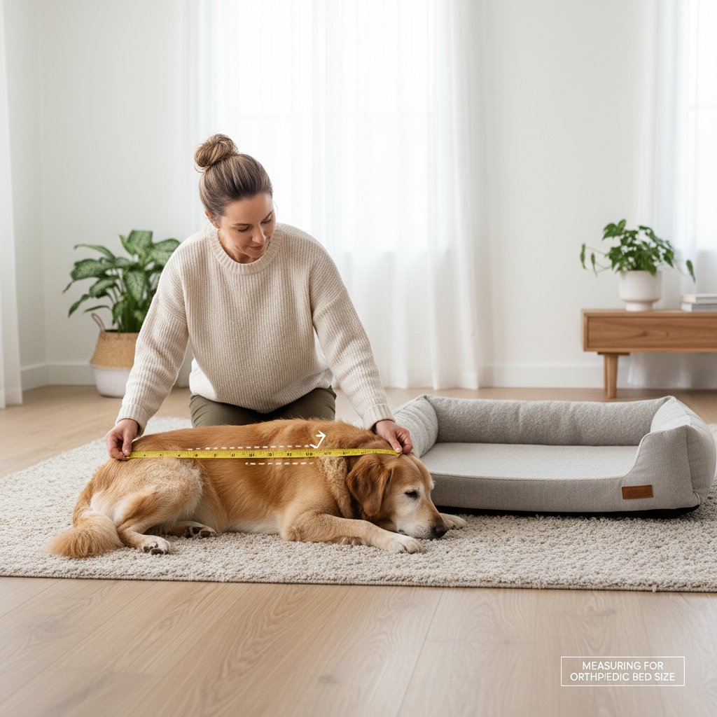 Measuring a senior dog for a bed with raised sides at home