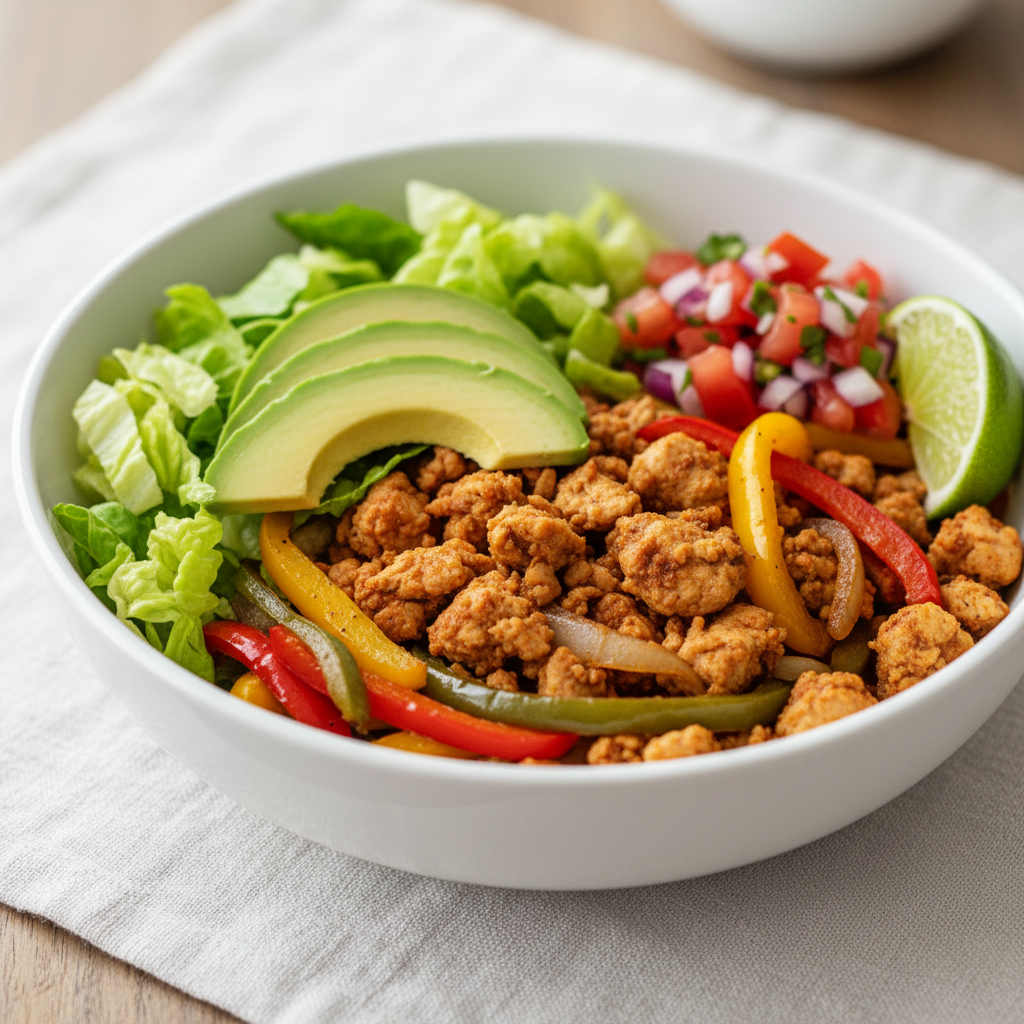 Paleo chicken taco bowl with fajita vegetables and avocado