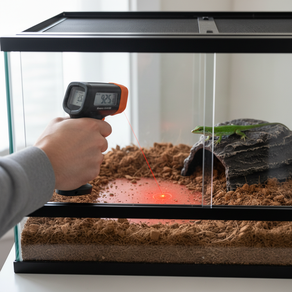 Hand using infrared temperature gun to check warm side floor temperature in reptile tank