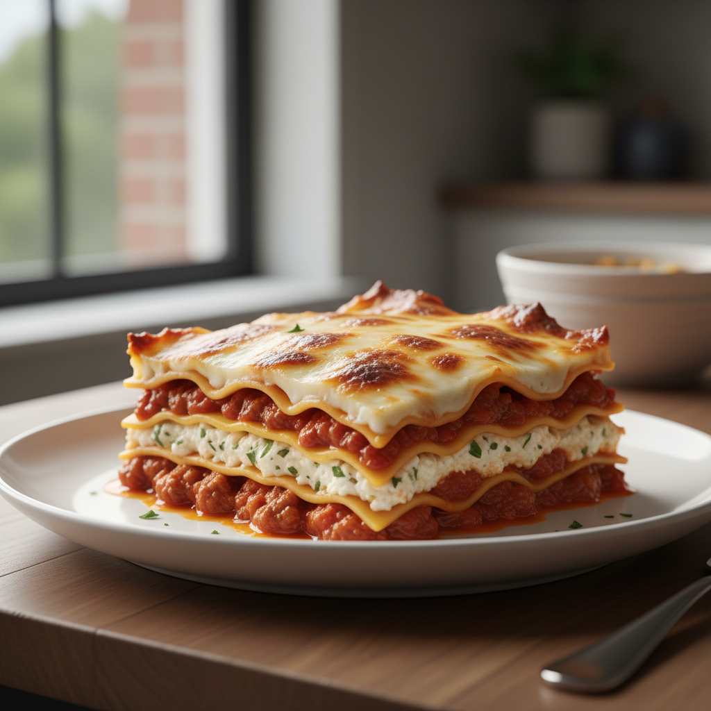 Classic cheesy lasagna slice with clean layers and melted mozzarella