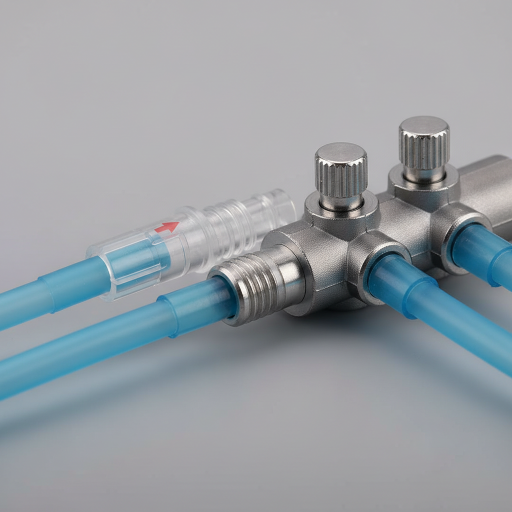 Close-up of aquarium airline tubing connection with check valve and gang valve to prevent leaks