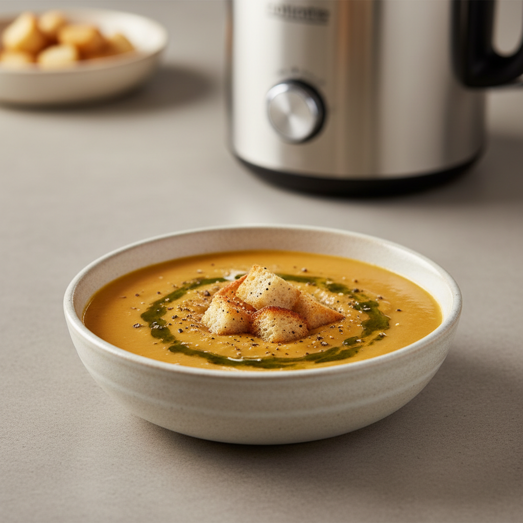 Creamy blended soup in bowl with toppings beside soup maker