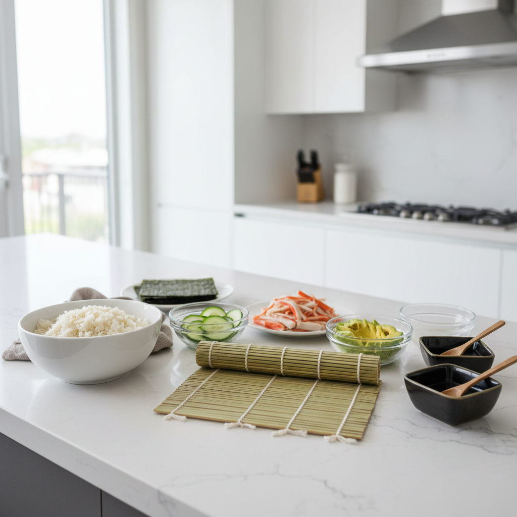 Home kitchen setup for making easy sushi rolls with bamboo mat and ingredients