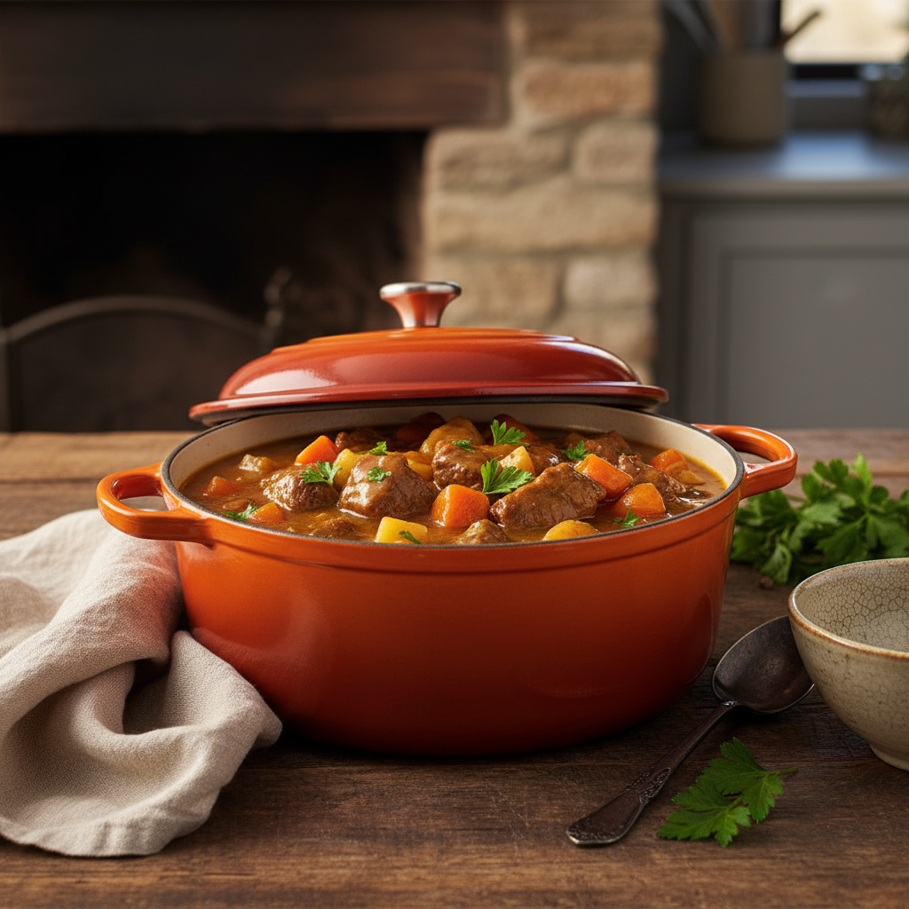 Finished oven slow-cooked beef stew with thick broth and tender vegetables