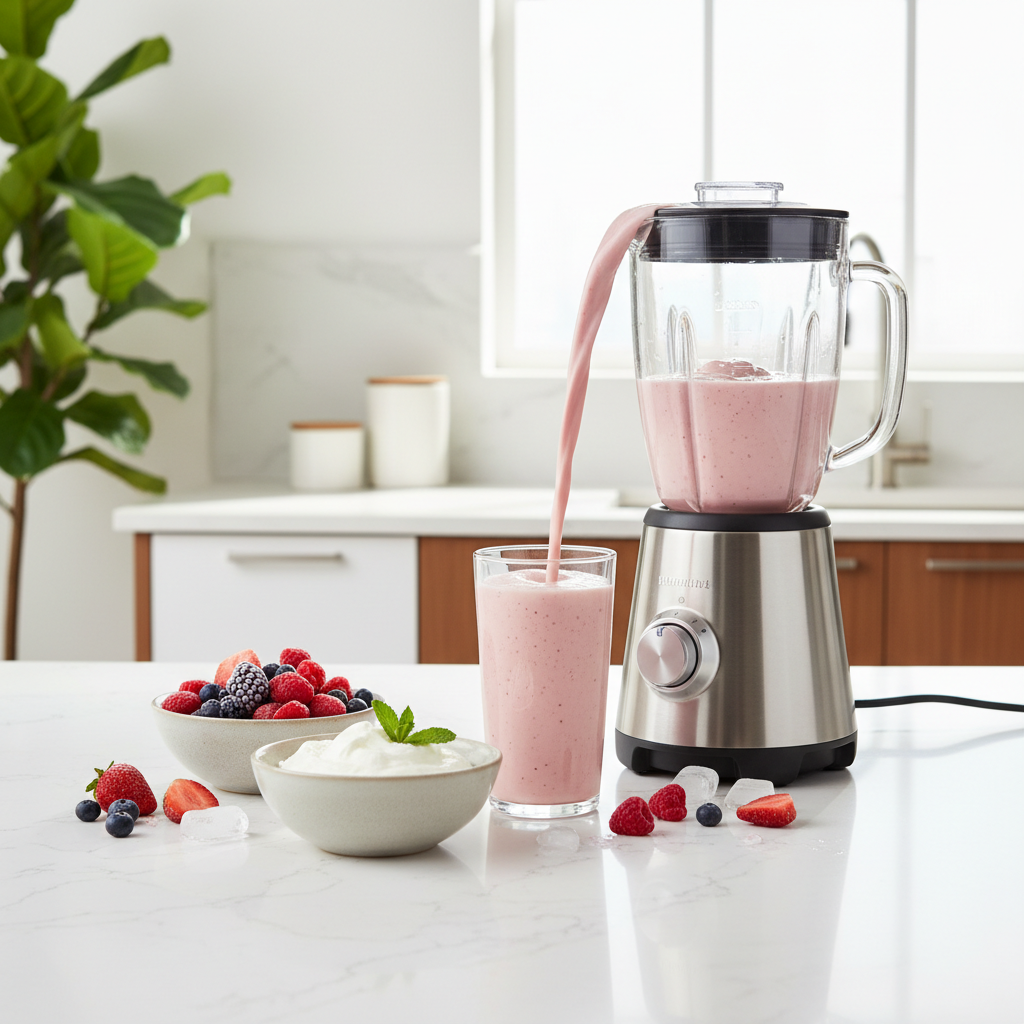 Blender pouring a thick creamy smoothie with frozen fruit nearby