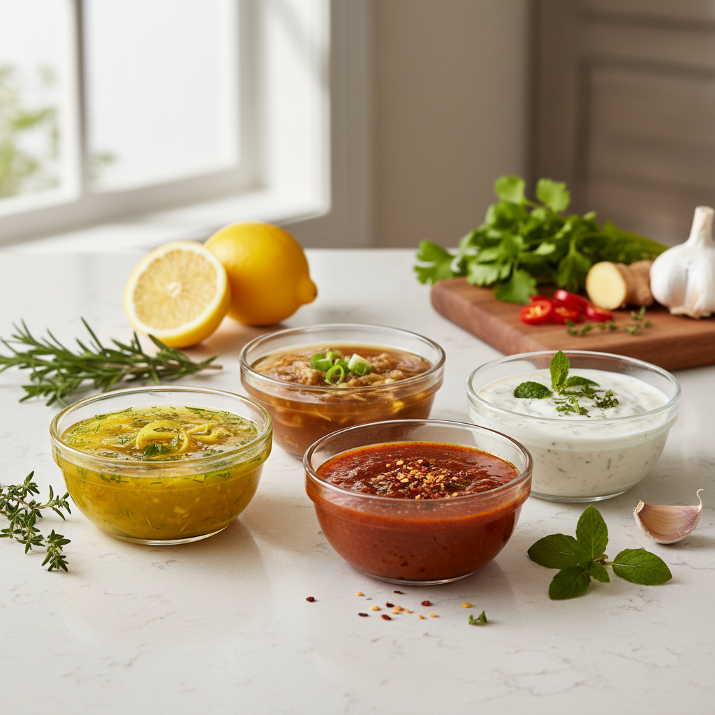 Bowls of different meat marinades with herbs, citrus, and spices on a kitchen counter