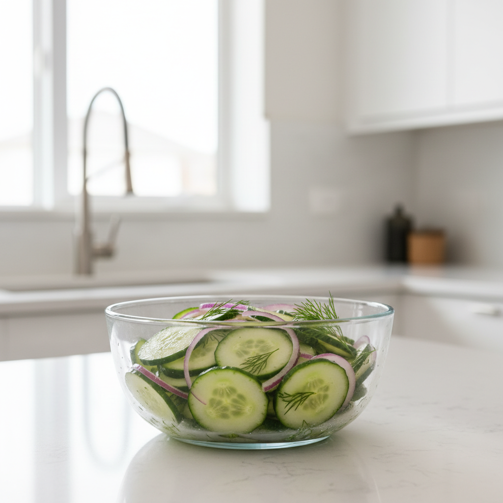Bowl of simple cucumber salad with vinegar and sliced red onion