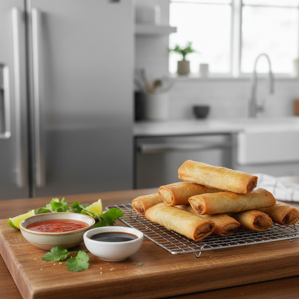 Crispy homemade spring rolls on a wire rack with dipping sauce