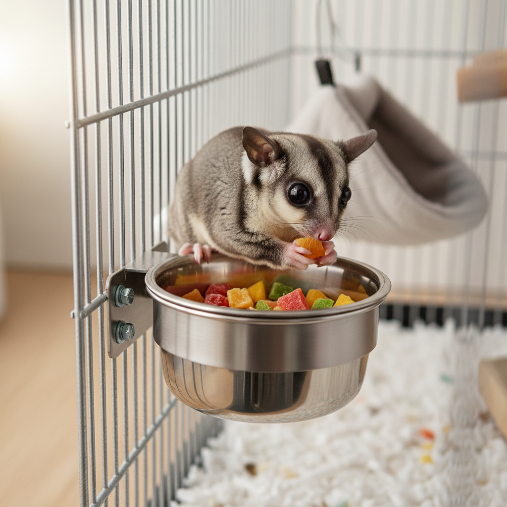 Sugar glider eating from a non-tip cage-mounted food bowl