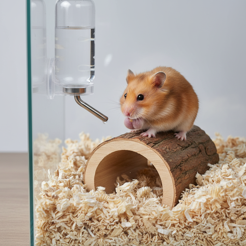 Hamster chewing on a wooden hideout inside a clean enclosure