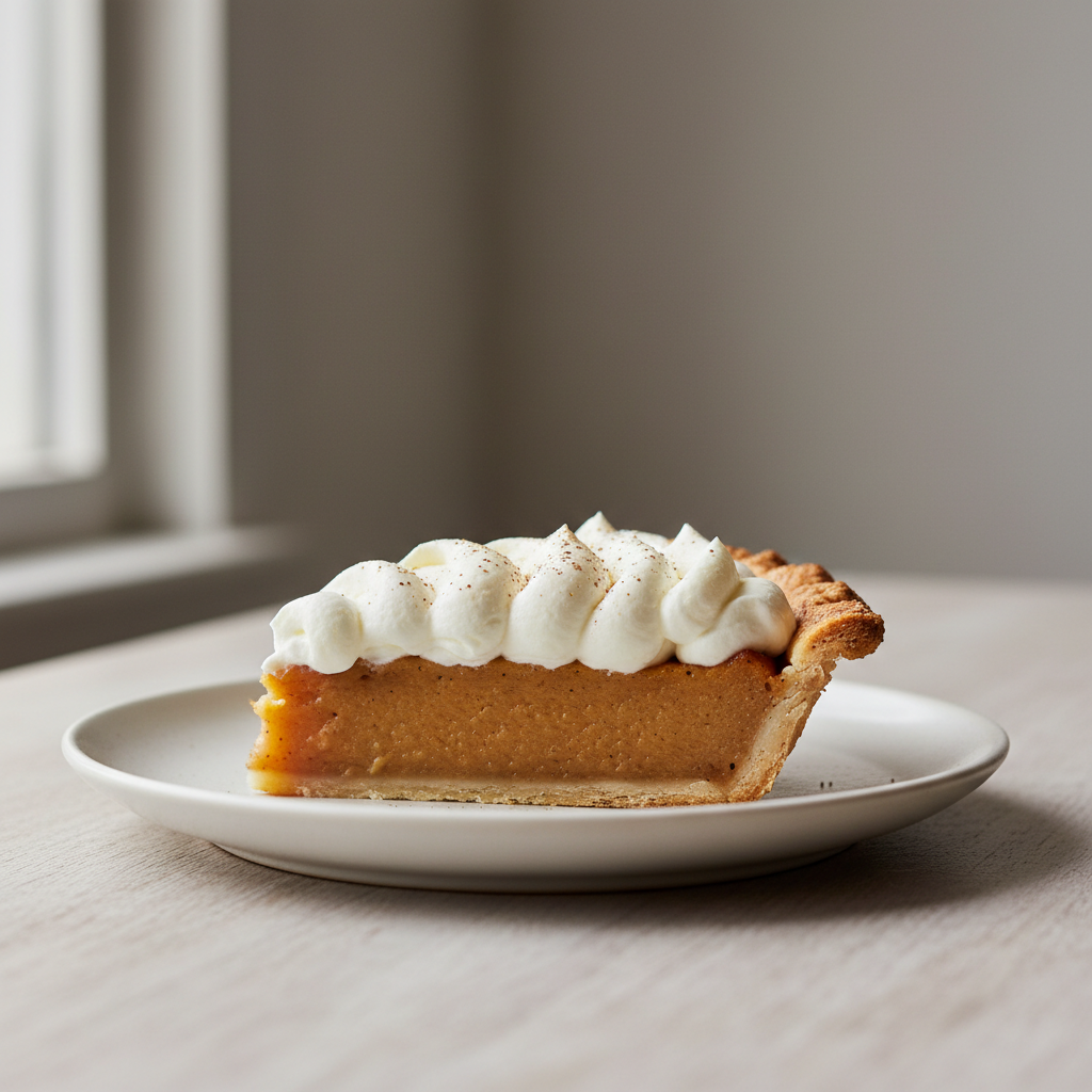 Piped whipped cream on a slice of pie with clean stable swirls