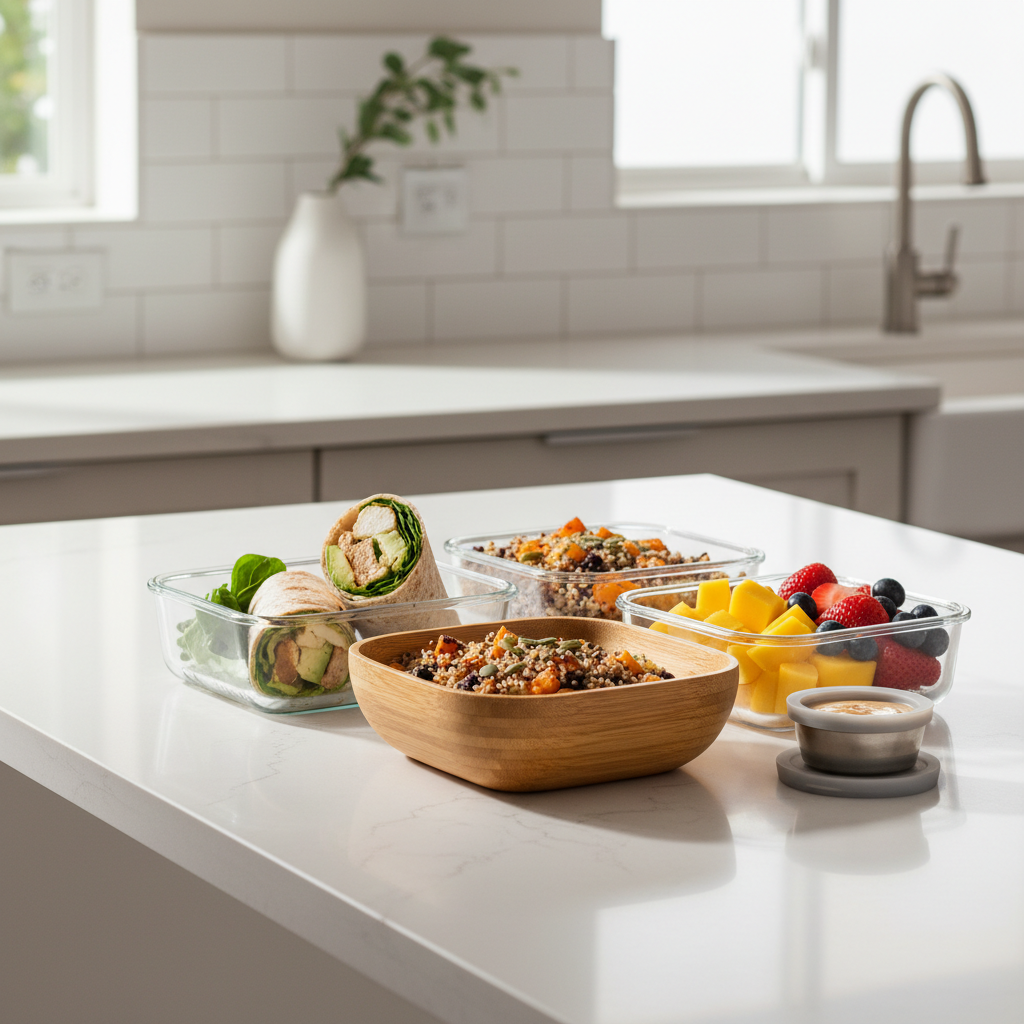 Packable work and school lunch ideas on a kitchen counter